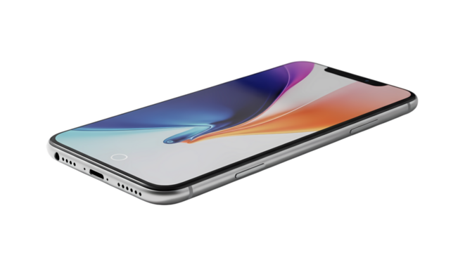 Sleek silver smartphone showcasing vibrant display technology, perfect for mobile app design mockups and modern digital lifestyle presentations, stylish tech