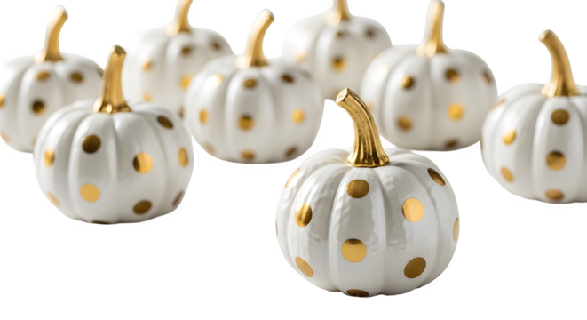 A collection of decorative white pumpkins with gold polka dots isolated on transparent background
