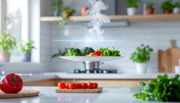 A steaming plate of hot vegetables is levitating above a counter in a bright, modern kitchen.