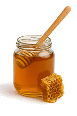 Close-up of a golden jar of organic honey with a wooden dipper on a white background, emphasizing the sweet and healthy liquid ingredient