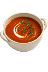 Tomato soup with bread served in a white bowl on a table