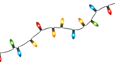 Diagonal string of colorful festive christmas lights with glowing bulbs isolated on transparent background