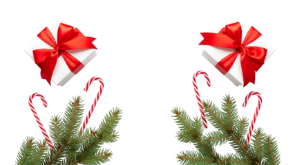 Two christmas gifts with red ribbons and candy canes on fir branches isolated on transparent background