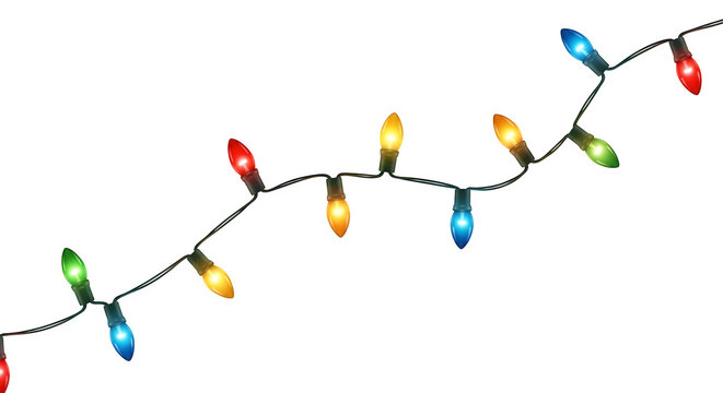 Diagonal string of colorful festive christmas lights with glowing bulbs isolated on transparent background
