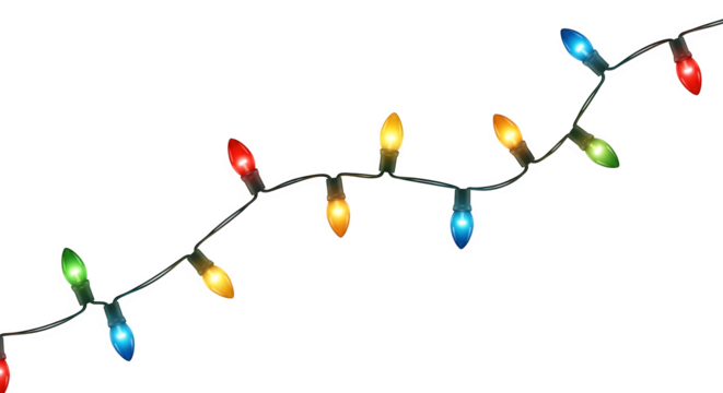 Diagonal string of colorful festive christmas lights with glowing bulbs isolated on transparent background