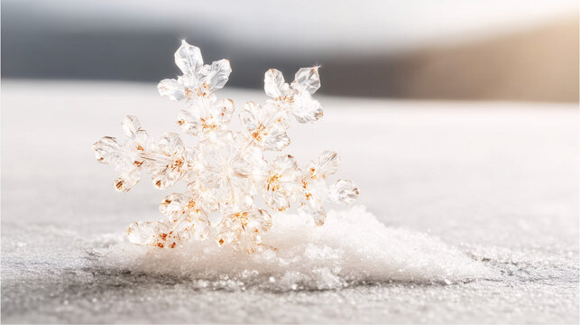 Crystal snowflake on snow — detailed macro shot for jewelry, holiday and ad projects.