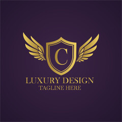 Elegant luxury logo design with letter c, golden shield and wings on a dark purple background