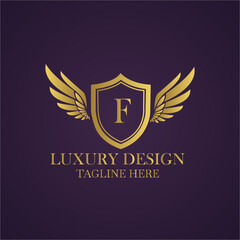 Elegant luxury logo design with letter f, golden shield and wings for brand identity and business card