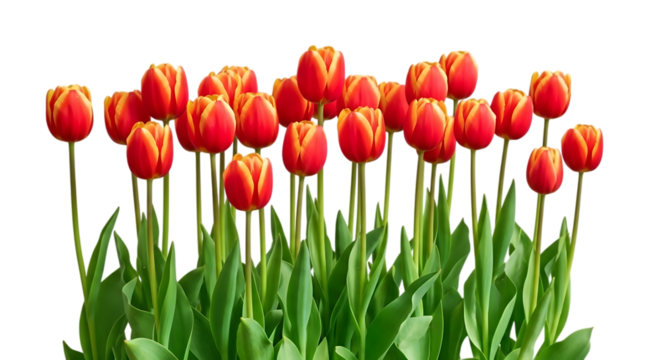 A vibrant bunch of red and orange tulips blooming together isolated on transparent background