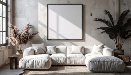 Modern sunlit living room interior with a blank mockup frame on a concrete wall.