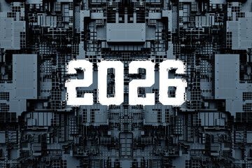 3d illustration Futuristic tech postcard with the year 2026 on the background of a metallic, technological cover of a spaceship or robot. Abstract graphics in the style of computer games.