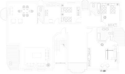 Large vector floor plan of a house with open living areas, bedrooms, kitchen, and stairs. Detailed architectural layout with furniture.