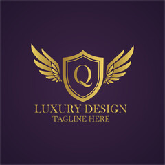 Elegant golden luxury logo design with letter q, shield and wings on a dark purple background