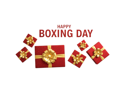 Festive Happy Boxing Day Composition: A Joyful Array of Red Gift Boxes Adorned With Golden Ribbons on a Clean Backdrop, Symbolizing Holiday Cheer and Seasonal Promotions (164 Characters)