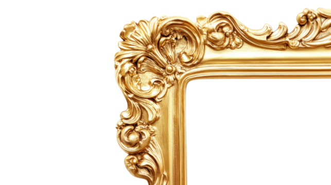 Ornate gold picture frame corner detail isolated on a transparent background