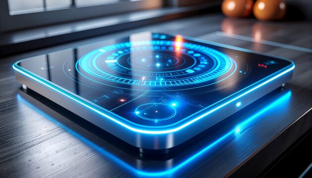 A futuristic smart stove with a glass top displays a glowing blue holographic interface with live data.