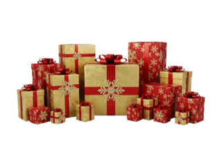 Luxury Christmas Presents on Black Background: Festive Red and Gold Gift Boxes with Ribbons and Snowflakes for Holiday Celebrations (High-Resolution Image)