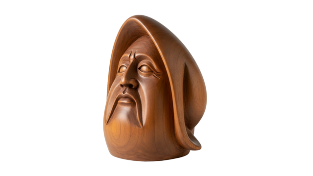 Smooth wooden carving depicting a hooded figure with a stylized beard against a stark black background
