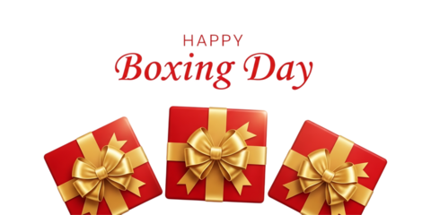 Festive Boxing Day Celebration: Red Gift Boxes with Golden Ribbons on Black Backdrop for Holiday Greetings and Promotional Materials (Stock Image). - High Quality Stock Content for Commercia