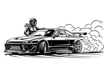 Obraz premium Racing Car Drifting on Track with Driver and Smoke Illustration