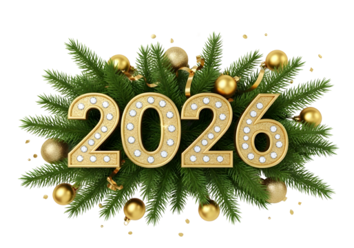 Golden 2026 new year text with christmas tree branches and ornaments isolated on transparent background