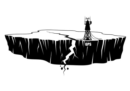 Man standing on cliff edge with drilling rig, looking out into the distance, illustration