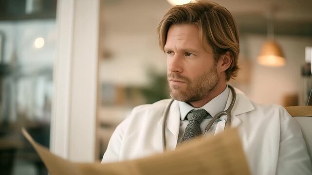 doctor reading medical journal in break room stethoscope on neck soft hum coffee machine lifelong learning three quarter wide angle cinematic color correction gentle backlight