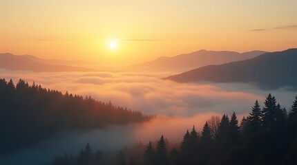 Golden sunrise over misty mountains and pine forest, casting a warm glow on the landscape