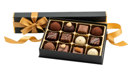 Luxurious dark box presents an assortment of gourmet chocolate confections tied with a golden ribbon