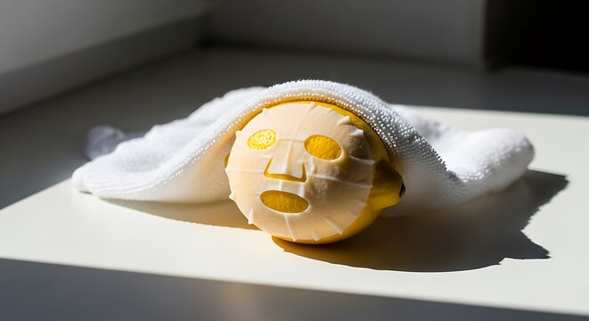 Photo of a humorous and creative image of a lemon wearing a face mask and wrapped in a towel, suggesting a spa or skincare theme with a quirky twist
