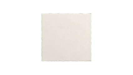 Square piece of textured off white material featuring deckled edges rests centrally on a solid black background