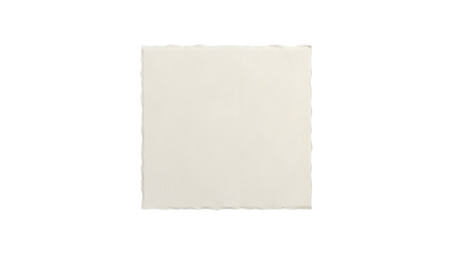 Square piece of textured off white material featuring deckled edges rests centrally on a solid black background