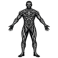 Minimalist black and white line art human figure in dynamic pose
