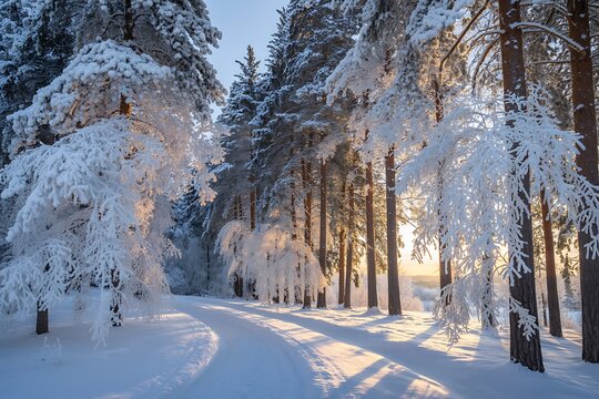 Winter wonderland snowy forest trees landscape sunlight scene