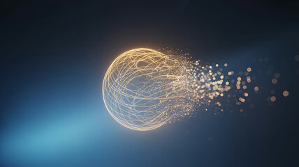 Abstract glowing sphere disintegrating into digital particles against a dark blue cosmic background
