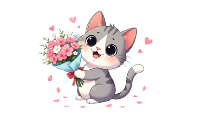 Adorable cartoon grey tabby kitten holding a beautiful bouquet of pink flowers isolated on transparent background