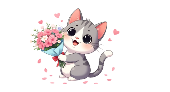 Adorable cartoon grey tabby kitten holding a beautiful bouquet of pink flowers isolated on transparent background - Powered by Adobe