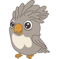 Cute cartoon baby bird with fluffy grey feathers big curious eyes and orange beak standing on its tiny feet against a transparent background