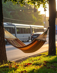 A hammock gently sways between two trees by the roadside