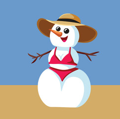 Funny Snow woman Wearing a Swimsuit Vector Cartoon Character.  Fashionable girl made of snow in a bathing suit wearing a hat

