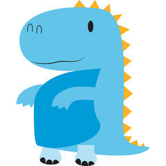 Cute cartoon blue dinosaur character standing with orange spikes and black eyes on transparent background