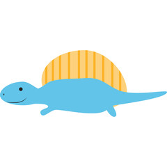 Cute cartoon blue dinosaur with yellow fin and smiling face isolated on white background