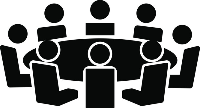 Group of people gathered around a table for a meeting or conference Silhouette symbol vector design