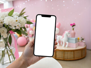 iPhone Mockup Handheld in Pink Party Decor