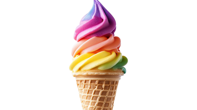 Rainbow soft serve ice cream cone isolated on a transparent background