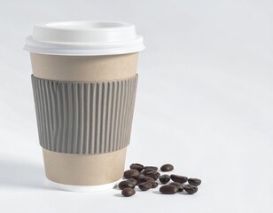 Paper coffee cup with lid and sleeve next to roasted coffee beans on a white background.