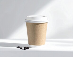 Paper coffee cup with white lid and coffee beans on a white surface with natural sunlight and shadows.