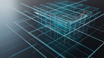 Abstract geometric digital cube structure with glowing blue lines and grid pattern on dark background
