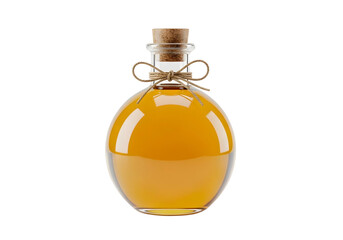 Glass bottle with golden liquid isolated on transparent background