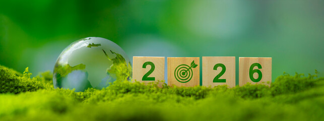 2026 Sustainability Goals: Glass Globe and ESG Wooden Blocks